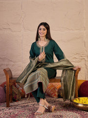 Women Ethnic Motifs Embroidered Regular Thread Work Kurta with Trousers & With Dupatta