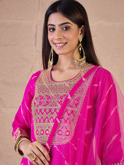 Women Ethnic Motifs Printed Panelled Thread Work Kurta with Trousers & With Dupatta