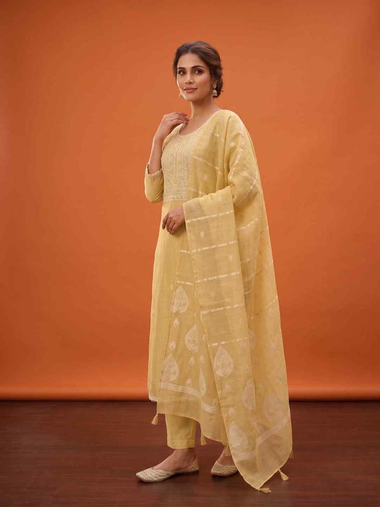 Women Ethnic Motifs Embroidered Chanderi Cotton Kurta with Trousers & Dupatta