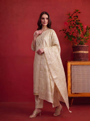 Women Ethnic Motifs Embroidered Regular Thread Work Chanderi Cotton Kurta Set