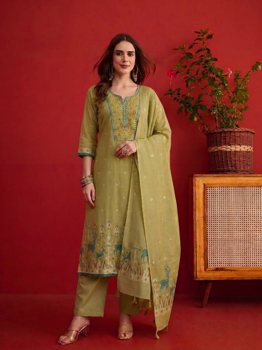 Women Ethnic Motifs Embroidered Regular Thread Work Chanderi Cotton Kurta Set