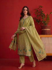 Women Ethnic Motifs Embroidered Regular Thread Work Chanderi Cotton Kurta Set