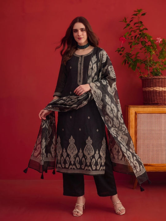 Women Ikkat Woven Desige and Sequinned Embroidered Kurta & Trouser with Dupatta