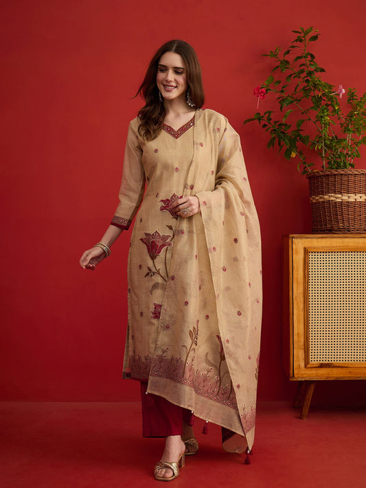 Women Ethnic Motifs Embroidered Thread Work Linen Kurta & Trousers & Dupatta