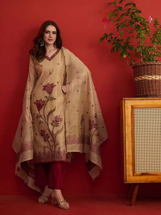 Women Ethnic Motifs Embroidered Thread Work Linen Kurta & Trousers & Dupatta