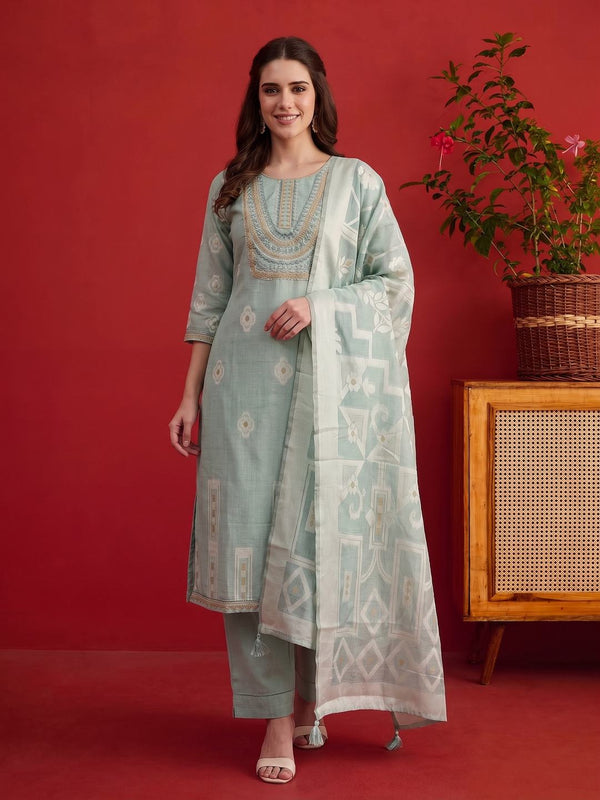 Women Ethnic Motifs Embroidered Regular Thread Work Chanderi Cotton Kurta with Trousers & With Dupatta