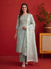 Women Ethnic Motifs Embroidered Regular Thread Work Chanderi Cotton Kurta with Trousers & With Dupatta