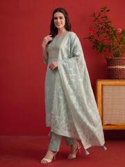 Women Ethnic Motifs Embroidered Regular Thread Work Chanderi Cotton Kurta with Trousers & With Dupatta