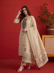 Women Embroidered Thread Work Chanderi Cotton Kurta & Trousers & Dupatta