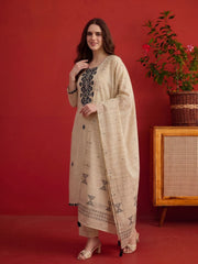 Women Embroidered Thread Work Chanderi Cotton Kurta & Trousers & Dupatta