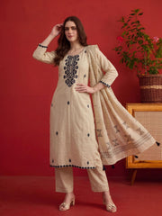 Women Embroidered Thread Work Chanderi Cotton Kurta & Trousers & Dupatta