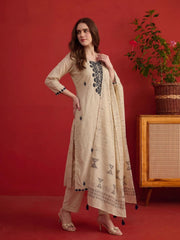 Women Embroidered Thread Work Chanderi Cotton Kurta & Trousers & Dupatta