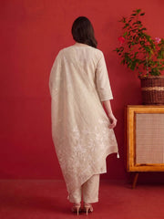 Women Ethnic Motifs Embroidered Regular Thread Work Chanderi Cotton Kurta with Trousers & With Dupatta