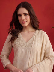Women Ethnic Motifs Embroidered Regular Thread Work Chanderi Cotton Kurta with Trousers & With Dupatta