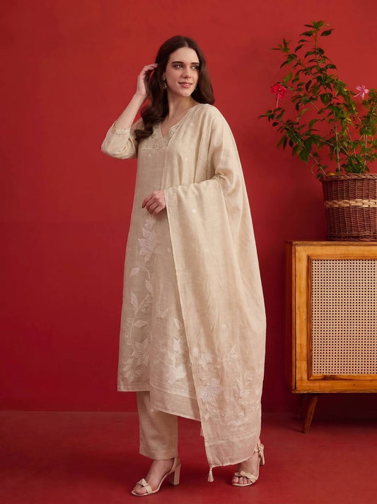 Women Ethnic Motifs Embroidered Regular Thread Work Chanderi Cotton Kurta with Trousers & With Dupatta