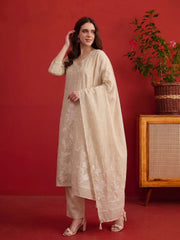 Women Ethnic Motifs Embroidered Regular Thread Work Chanderi Cotton Kurta with Trousers & With Dupatta