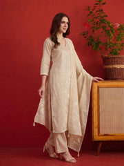 Women Ethnic Motifs Embroidered Regular Thread Work Chanderi Cotton Kurta with Trousers & With Dupatta