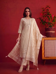 Women Ethnic Motifs Embroidered Regular Mirror Work Chanderi Cotton Kurta set