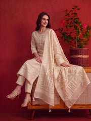 Women Ethnic Motifs Embroidered Regular Mirror Work Chanderi Cotton Kurta set