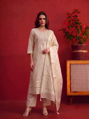 Women Ethnic Motifs Embroidered Regular Mirror Work Chanderi Cotton Kurta set