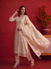 Women Ethnic Motifs Embroidered Regular Mirror Work Chanderi Cotton Kurta set