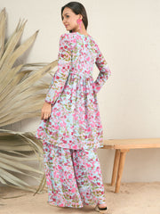 Floral Printed & Mirror Work Top With Sharara Co-Ords