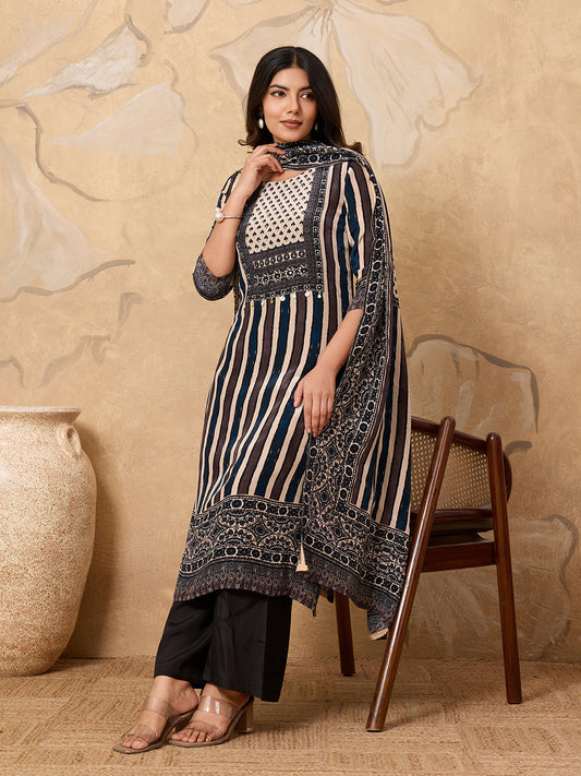 Women Printed Regular Sequinned Silk Crepe Kurta with Palazzos & With Dupatta