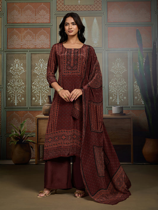Women Ethnic Motifs Printed Regular Sequinned Silk Kurta with Palazzos & Dupatta