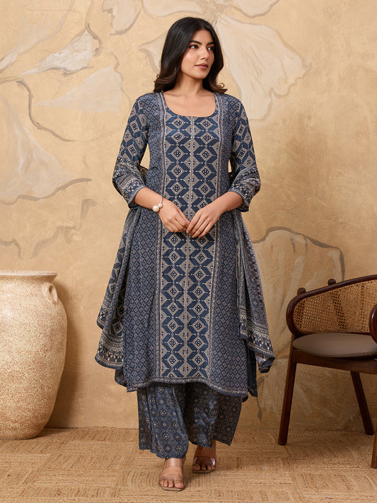 Women Printed Regular Silk Crepe Kurta with Palazzos & With Dupatta