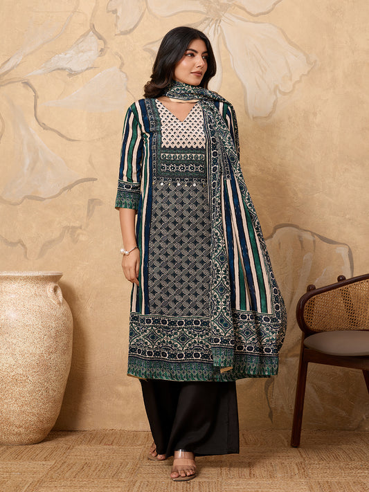 Women Ethnic Motifs Printed Regular Silk Crepe Kurta with Palazzos & With Dupatta