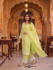 Women Ethnic Motifs Embroidered Regular Thread Work Chanderi Cotton Kurta with Trousers & With Dupatta