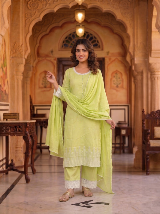 Women Ethnic Motifs Embroidered Regular Thread Work Chanderi Cotton Kurta with Trousers & With Dupatta