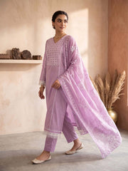 Women Ethnic Embroidered Regular Thread Work Kurta with Trousers & With Dupatta