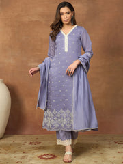 Women Ethnic Motifs Embroidered Regular Thread Work Chanderi Cotton Kurta with Trousers & With Dupatta