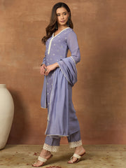 Women Ethnic Motifs Embroidered Regular Thread Work Chanderi Cotton Kurta with Trousers & With Dupatta