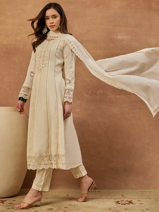 Women Floral Thread Embroidered Anarkali Kurta & Trouser with Dupatta