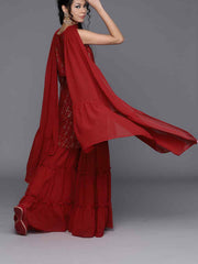 Women Red Net Sheer Sequinned Kurta with Sharara & Dupatta