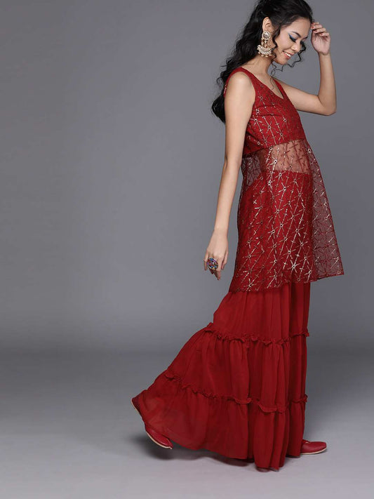 Women Red Net Sheer Sequinned Kurta with Sharara & Dupatta