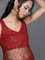 Women Red Net Sheer Sequinned Kurta with Sharara & Dupatta