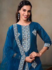 Women Ethnic Motifs Embroidered Regular Thread Work Chanderi Cotton Kurta with Trousers & With Dupatta