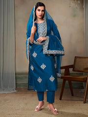 Women Ethnic Motifs Embroidered Regular Thread Work Chanderi Cotton Kurta with Trousers & With Dupatta