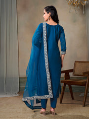 Women Ethnic Motifs Embroidered Regular Thread Work Chanderi Cotton Kurta with Trousers & With Dupatta