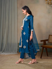 Women Ethnic Motifs Embroidered Regular Thread Work Chanderi Cotton Kurta with Trousers & With Dupatta