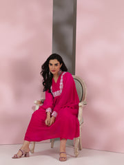 Women Pink Floral Yoke Design Pleated Thread Work Kurta with Trousers