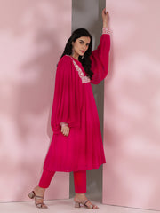 Women Pink Floral Yoke Design Pleated Thread Work Kurta with Trousers