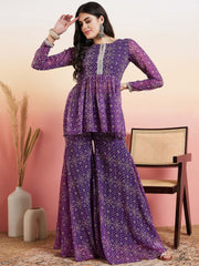 Purple Bandhani Printed Yoke Design Pleated Gotta Patti Kurti With Sharara