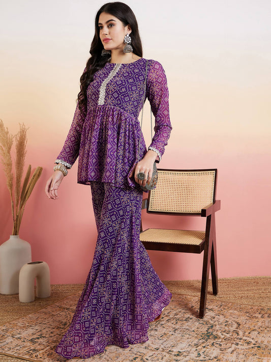 Purple Bandhani Printed Yoke Design Pleated Gotta Patti Kurti With Sharara