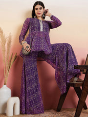 Purple Bandhani Printed Yoke Design Pleated Gotta Patti Kurti With Sharara
