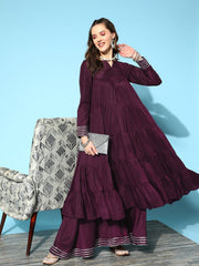 Tiered Gotta Detailing Flared Ethnic Tunic With Palazzos