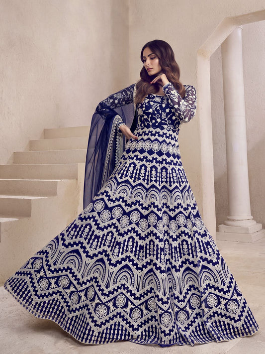 Floral Thread Embroidered Anarkali Kurta with Dupatta